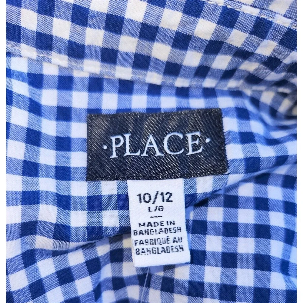 The Children's Place Boys Button Up Shirt, SIze 10/12, Blue and White Checke‎